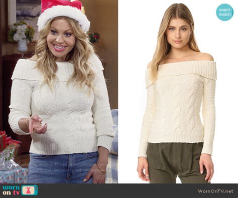 wornontv dj s white cable knit off shoulder sweater on fuller house candace cameron bure