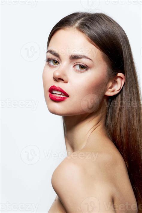 Brunette Naked Shoulders Red Lips Attractive Look Studio Clear Skin