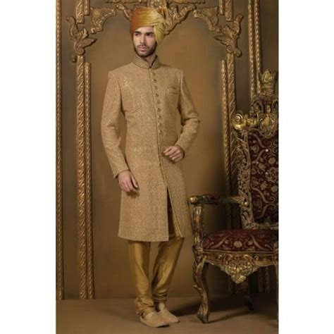 Gold Pure Silk Mesmerized Jodhpuri Bandh Gala Sherwani With Standing