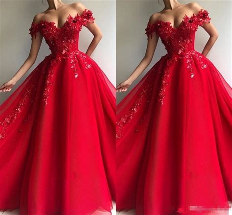 Hand Made Flower Red Prom Dresses 2019 Arabic Off Shoulder Appliques Sequins A Line Vestidos