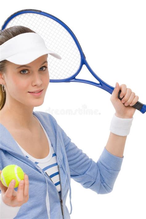 Tennis Player Woman Young Smiling Serve Racket Stock Image Image Of