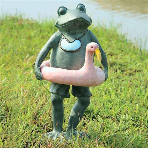 Froggie With Pink Flamingo Floatie Outdoor Garden Statues Frog
