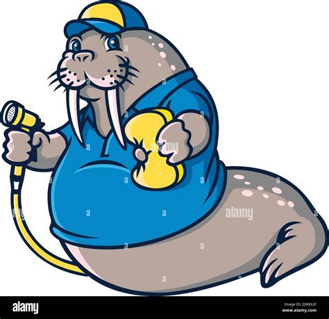 walrus holding a sponge and a hose for washing car fun mascot design stock vector image and art