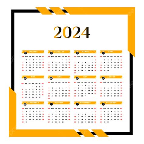 Calendario Annuale 2024 Con Stile Unico Giallo E Nero Vettore