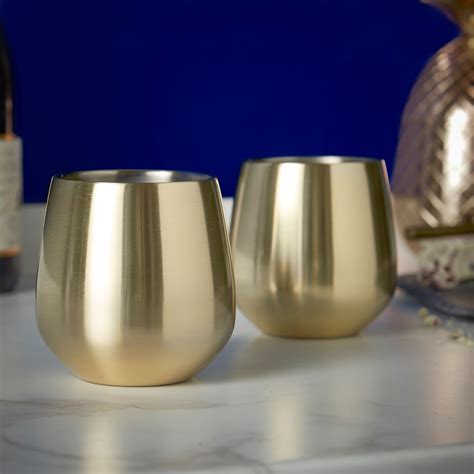 Vonshef Stemless Gold Stainless Steel Wine Glass Set Of 2 Double Walled T Box Ebay