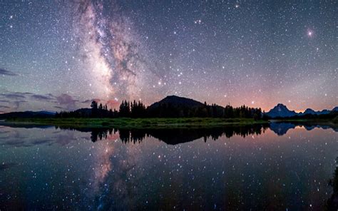Tapety Krajina Hory Noc Galaxie Jezero Příroda Odraz Nebe