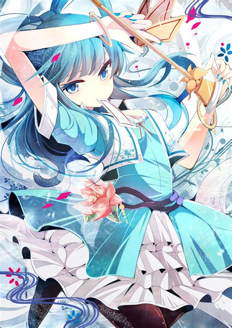 Touhou Kaku Seiga Blue Dress Playing Cards Flowers Jewelry Thigh