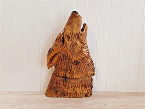 Vintage Wood Wolf Carving Howling Wolf Head Cabin Decor Rustic Decor