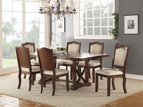 Dark Cherry Finish Dining Table Cream Faux Leather Chairs Kitchen