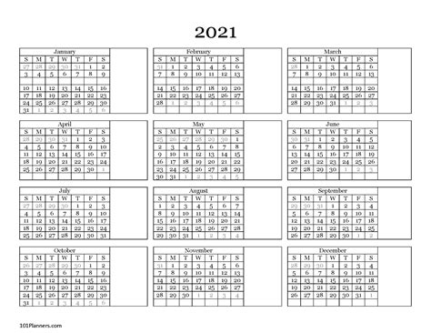 2021 Calendar At A Glance Printable