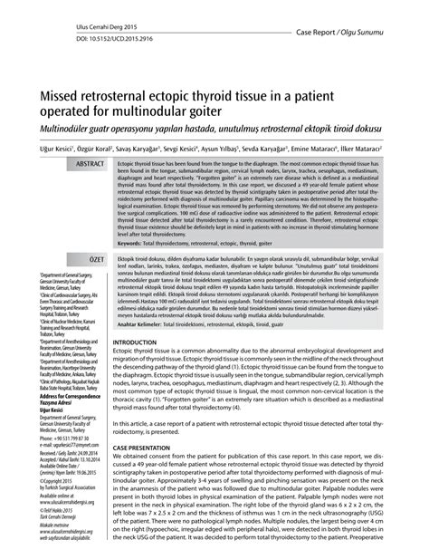 Pdf Missed Retrosternal Ectopic Thyroid Tissue In A Patient Operated