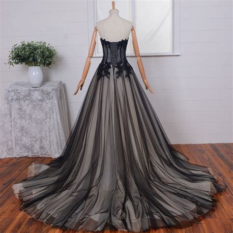 Kivary Long Black And Champagne Lace Gothic Prom Wedding Dresses