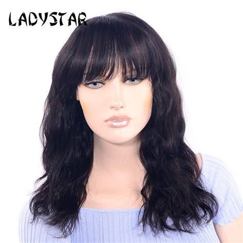 Ladystar Remy Hair Wigs With Bangs Wavy Brazilian Wigs Human Hair 130