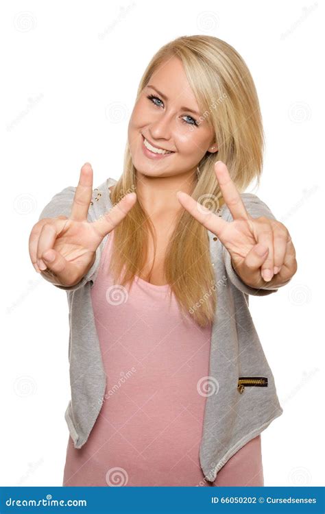 Young Woman Showing Peace Sign With Her Hands Stock Photo Image Of