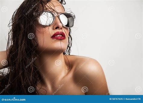 Red Lips And Sunglasses Stock Image Image Of Contemplation 58767635
