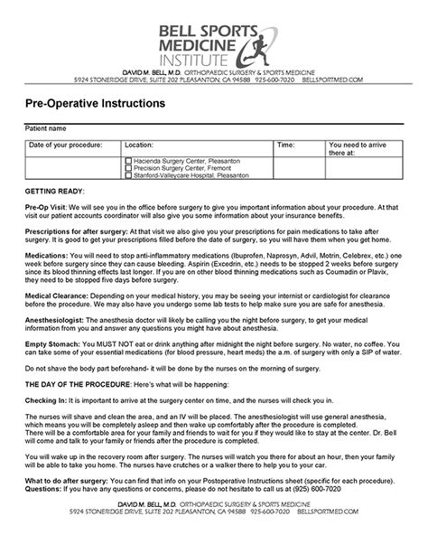 Preoperative Instructions Bell Sports Medicine Orthopaedic Surgery