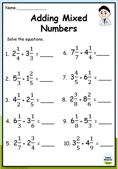 Adding Mixed Numbers With Common Denominators Worksheet