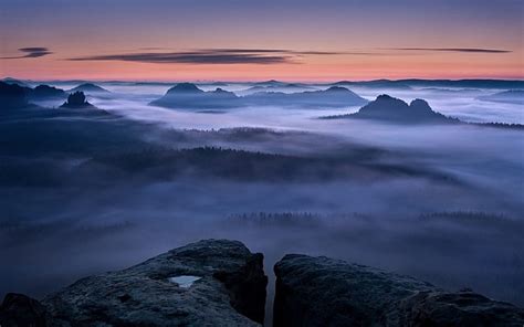 Biru Awan Hutan Jerman Pemandangan Kabut Gunung Alam Genangan