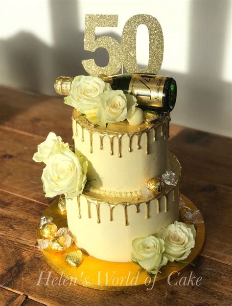 50th Cake With Gold Drip Champagne And Roses 50th Cake Cake Creations