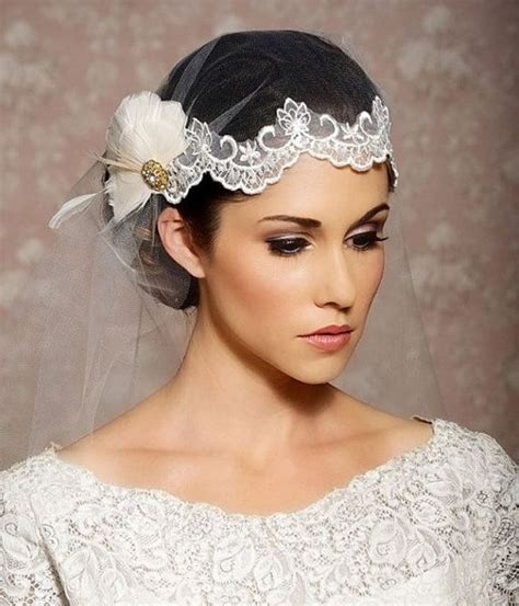 White Lace Wedding Veil Juliet Cap Lace Headpiece Feather Headpiece