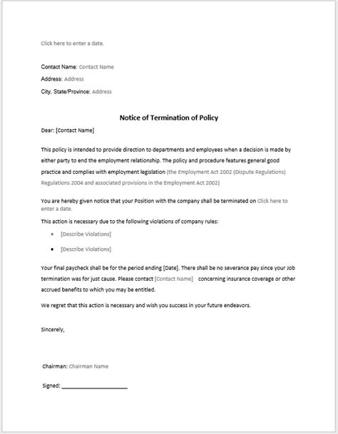 policy termination notice sample word templates