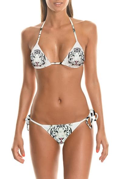 White Tiger Print Halter Triangle String Bikini Set Beautifulhalo Com