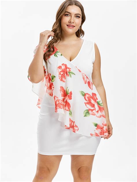 Wipalo Plus Size Deep V Neck Bodycon Dress Elegant Floral Print Chiffon