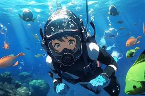 Premium Ai Image Scuba Diving Anime Girl In A Suit With A Mask On Her