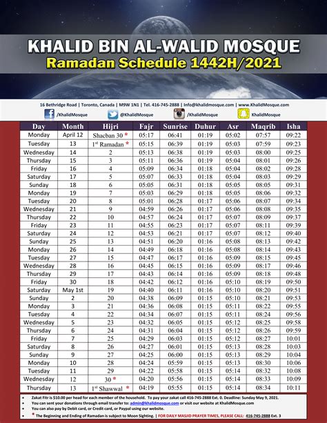 Ramadan Schedule Toronto Khalid Bin Al Walid Mosque Toronto Canada