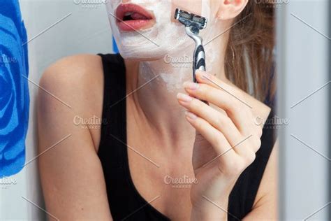 Funny Girl Shaving Her Face High Quality Beauty And Fashion Stock