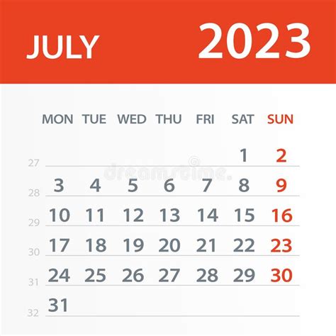 July 2023 Calendar Leaf Vector Illustration Week Starts On Monday