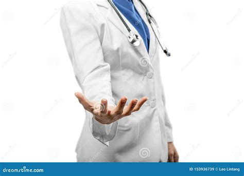 Woman Doctor In A White Lab Coat And Stethoscope With Open Palm Stock
