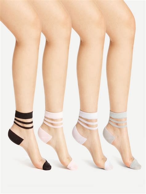 Striped Cuff Sheer Ankle Socks 4pairs Sheinsheinside