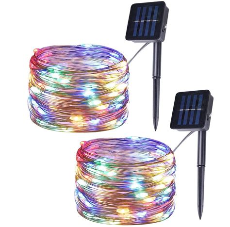 set of 2 solar powered 100 led string lights outdoor multicolor copper wire fairy lights