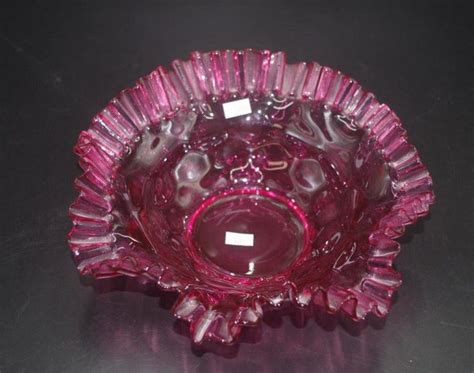 Antique Ruby Glass Bowl With Crimped Edge 25cm British Victorian Glass