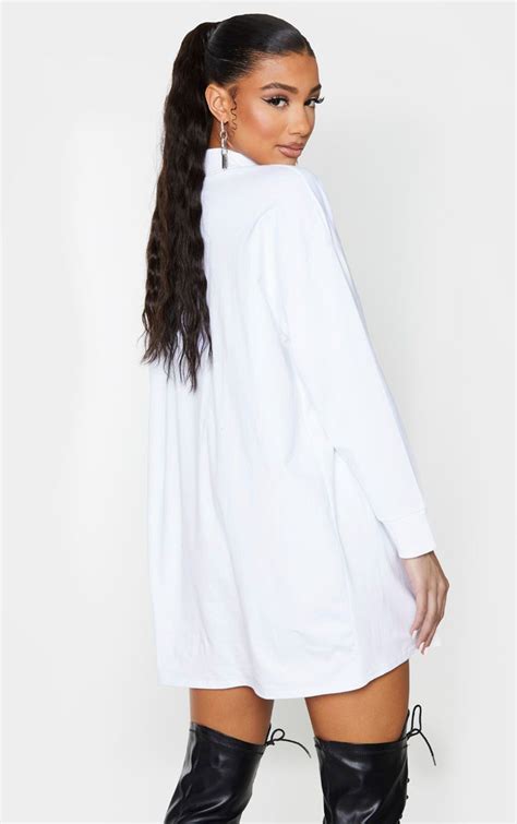 White Oversized Long Sleeve High Neck T Shirt Dress Oversized T Shirt
