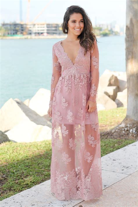 Dusty Rose Embroidered Maxi Dress With Long Sleeves Maxi Dresses