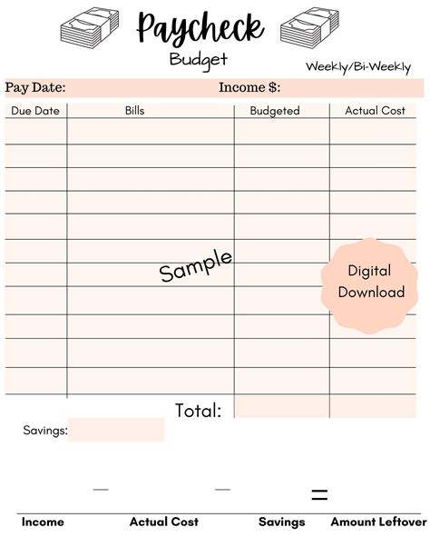 Weeklybi Weekly Paycheck Budget Template Printable Digital Etsy