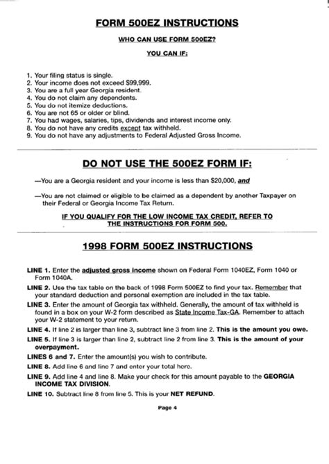 Instructions For Form 500ez Georgia Income Tax Division Printable Pdf