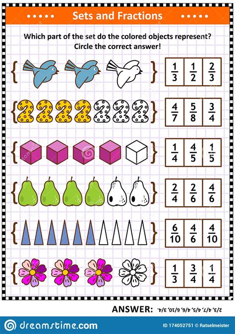 Math Skills Training Puzzle Or Worksheet With Pictorial Fraction