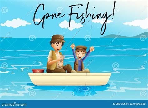 Pesca Del Padre Y Del Hijo Con La Pesca Ida Palabras Ilustración Del
