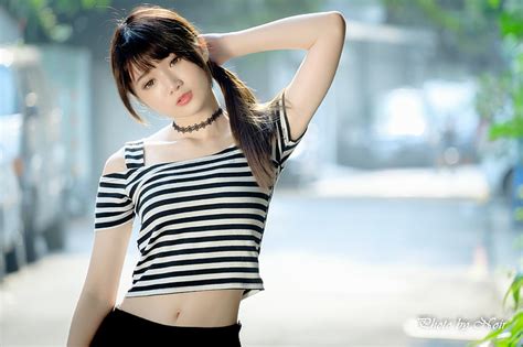 Hd Wallpaper Women Model Brunette Long Hair Asian Bangs Belly Women Outdoors Wallpaper