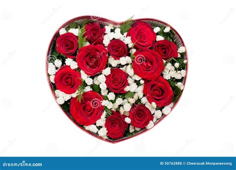Bouquet Of Red Roses And White Flower In Heart Shaped Box Stock Photo