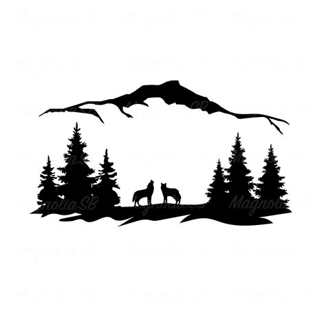 Wolf Clipart Silhouettes Scene Country Nature Svg Wood Svg Tree Svg