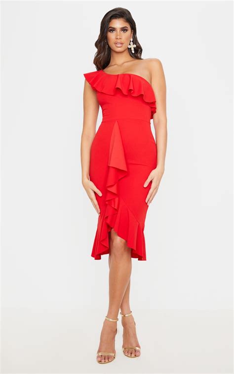 Red One Shoulder Ruffle Detail Midi Dress Prettylittlething Ca
