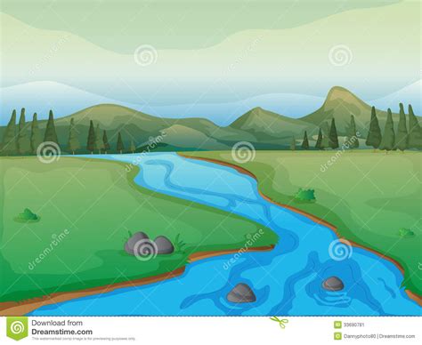 A River, A Forest And Mountains Stock Illustration - Illustration of ...