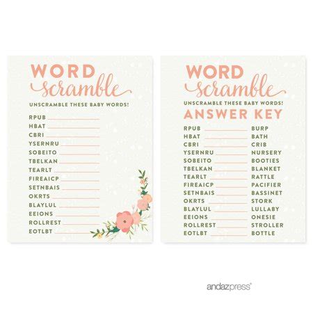 Streep de letters weg en zoek de juiste woorden. Word Scramble Floral Roses Girl Baby Shower Games , 20 ...