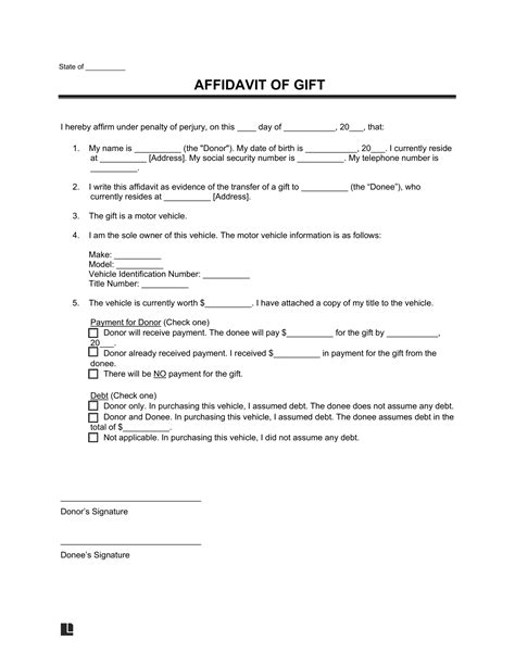 Free Gift Affidavit Template Printable PDF Word