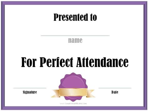 Perfect Attendance Award Certificates Free Instant Download