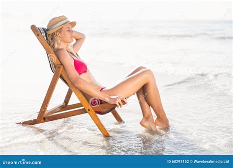 Woman Relaxing On An Armchair On The Beach Stock Photo Image Of Full